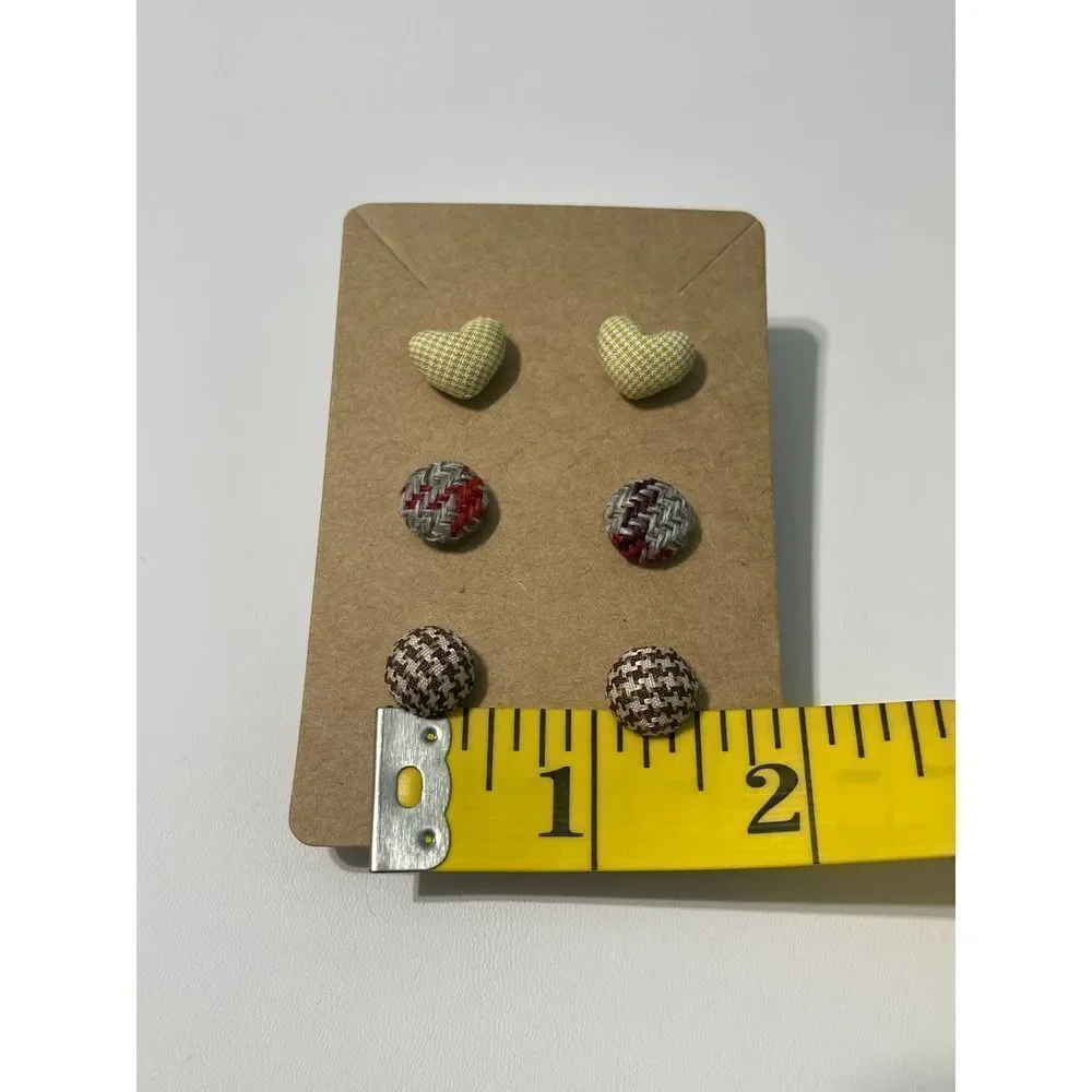 Fabric Covered Button Earring‎ Stud Set Plaid Brown